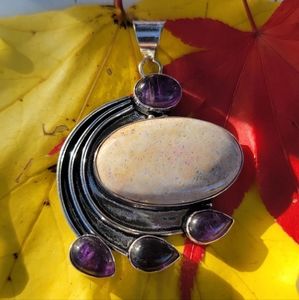 New fossil jasper and Amethyst silver pendant